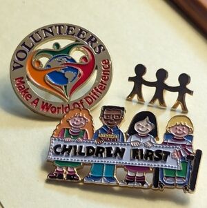 "Children First", Volunteer enamel multi cultural, gold tone tack pin